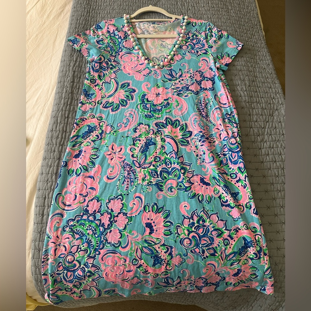 Lilly Pulitzer Aqua Floral Paisley Shift Dress with Pink and Navy Accents